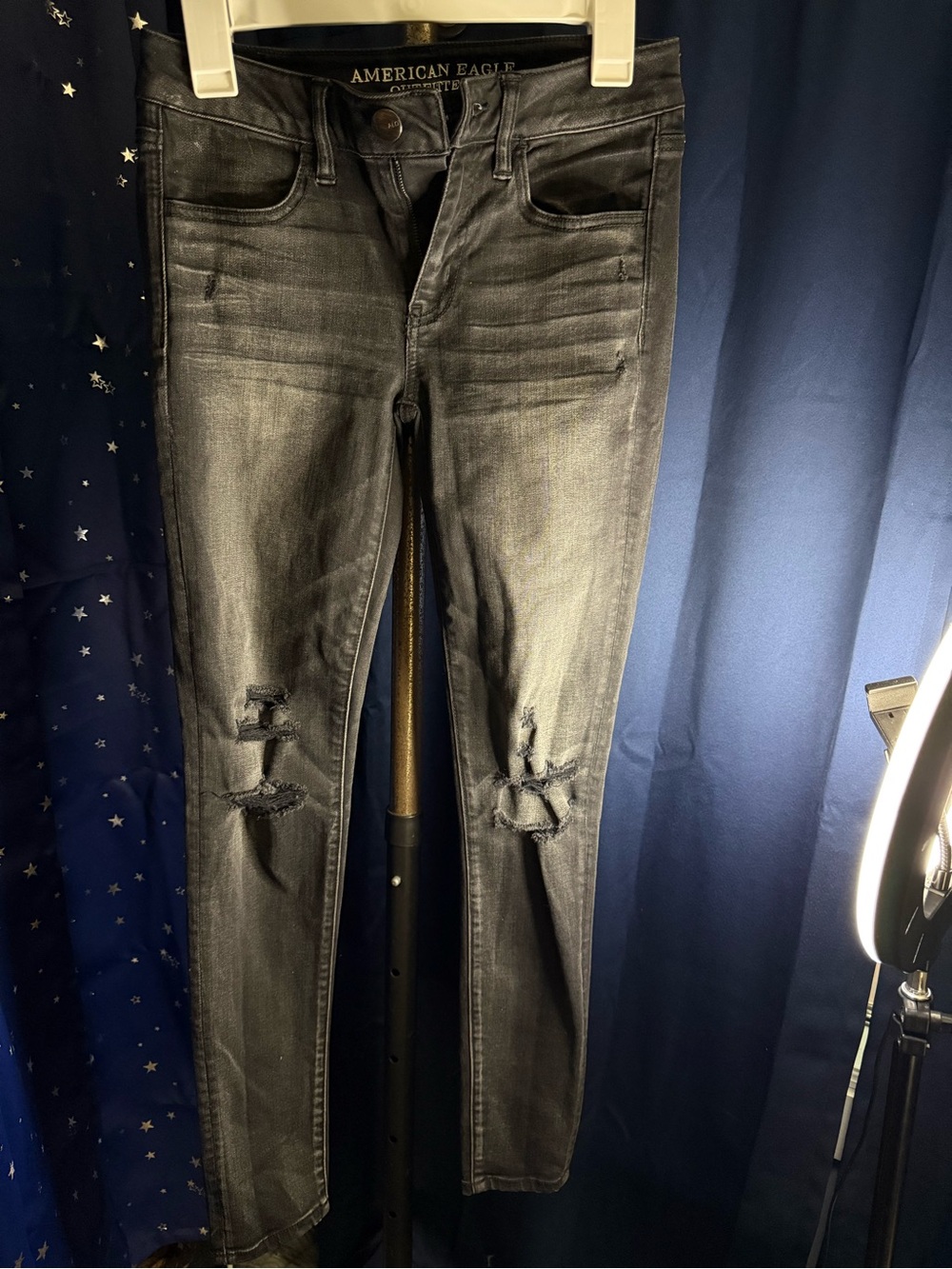 American Eagle Outfitters Black Washed Skinny Jeans with Distressed Knees